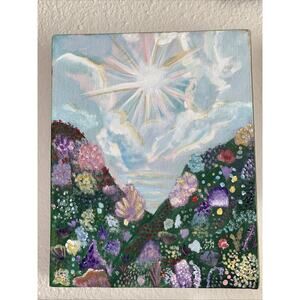 Original Painting On Canvas Acrylic 10x8 Clouds Flowers Colorful Ethereal